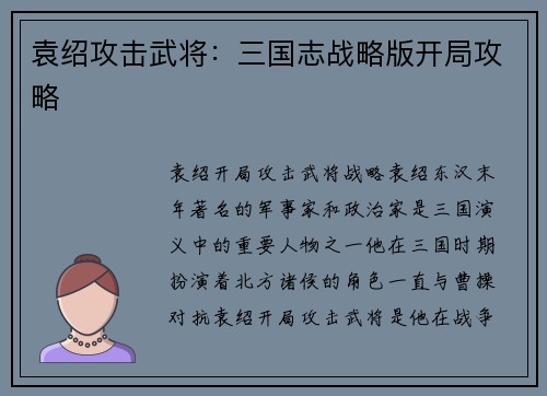 袁绍攻击武将：三国志战略版开局攻略